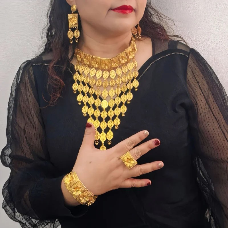 

24KGold-plated Bride Necklace Earrings Ring Bracelet Jewelry Set African Dubai Wedding Jewelry Set