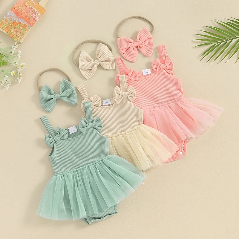 

New Infant Toddler Newborn Baby Girls Sleeveless Bow Front Romper Tulle Dress Sunsuit Jumpsuit Headband Casual Clothes