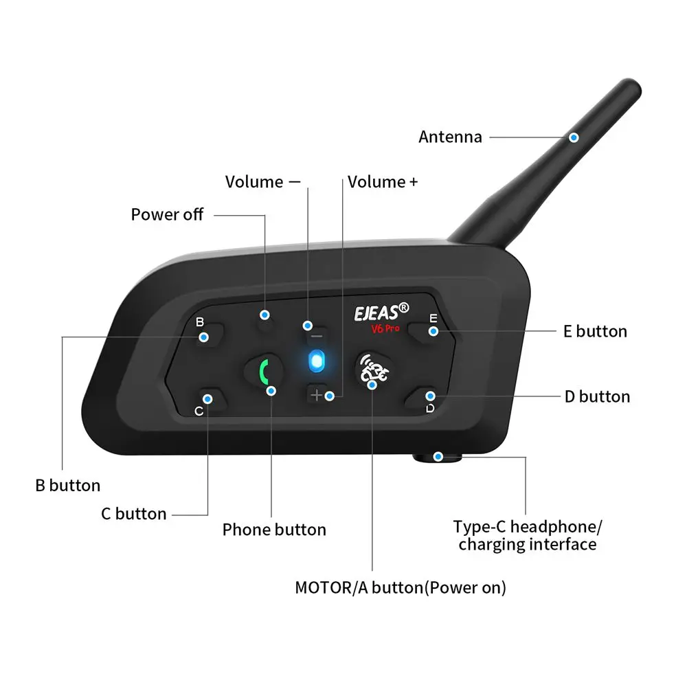 EJEAS V6 PRO+ Motorrad Bluetooth Helm Headset Intercom 850 mAh MOTO Communicator 800 m Interphone für 6 Fahrer IP65 Wasserdicht – Detail 17
