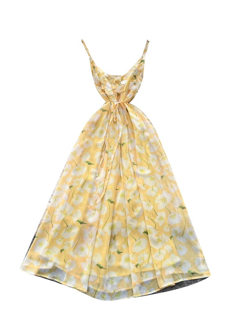 فستان خيالي لعطلة الصيف، فستان طويل بتصميم كوري، مزين بالخرز والزهور، مع حزام عند الخصر، تنورة على شكل حرف A، خصر مرتفع.