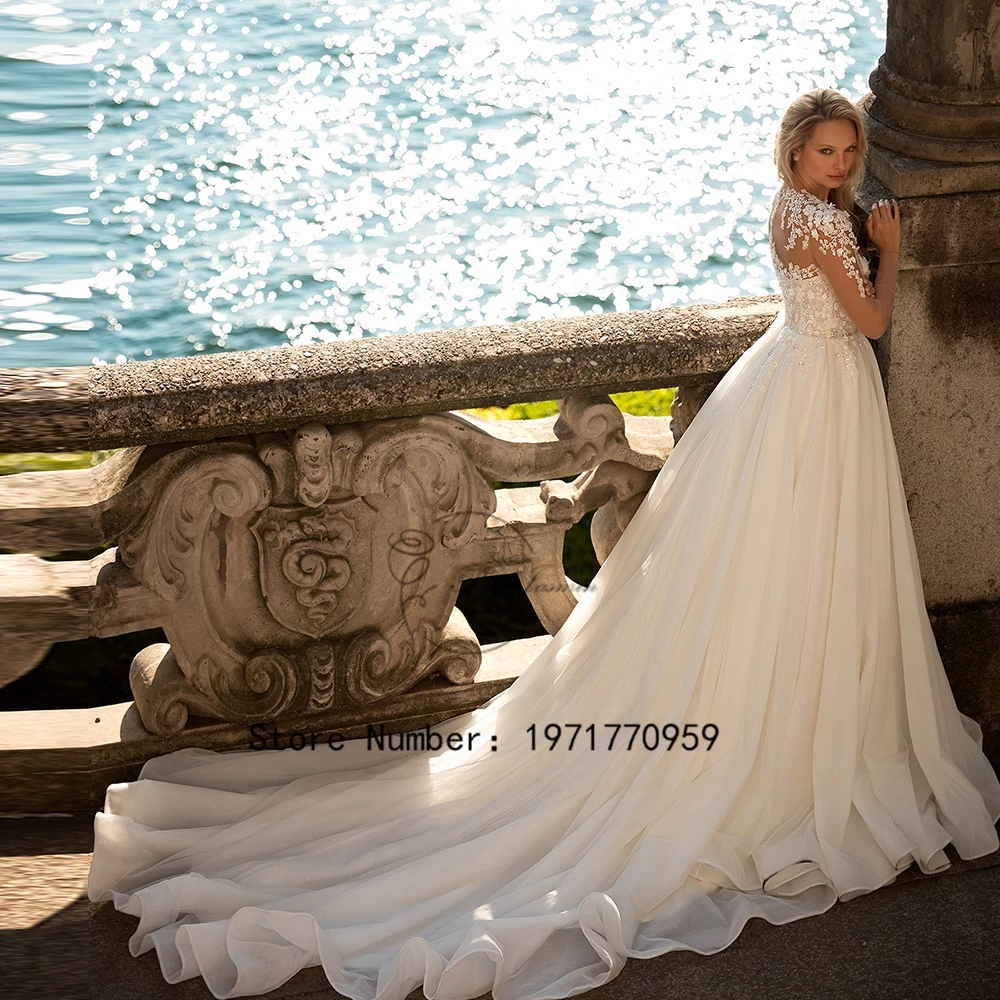 Squisiti abiti da sposa a maniche lunghe per donna scollo tondo Sweetheart fiori 3D Tulle perline abiti da sposa Abito da sposa 2024