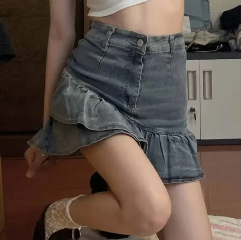 Gonna di jeans da donna Gonna di jeans da donna retrò Gonna di jeans a metà corpo a pieghe a strati a vita alta estiva Abiti midi