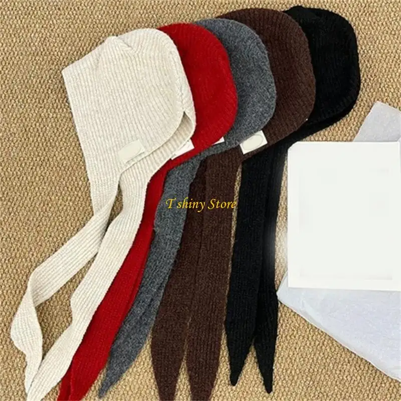

N58F Warm Knitted Devil Ear Cap With Neck Coverage Breathable Earflap Pullover Hat