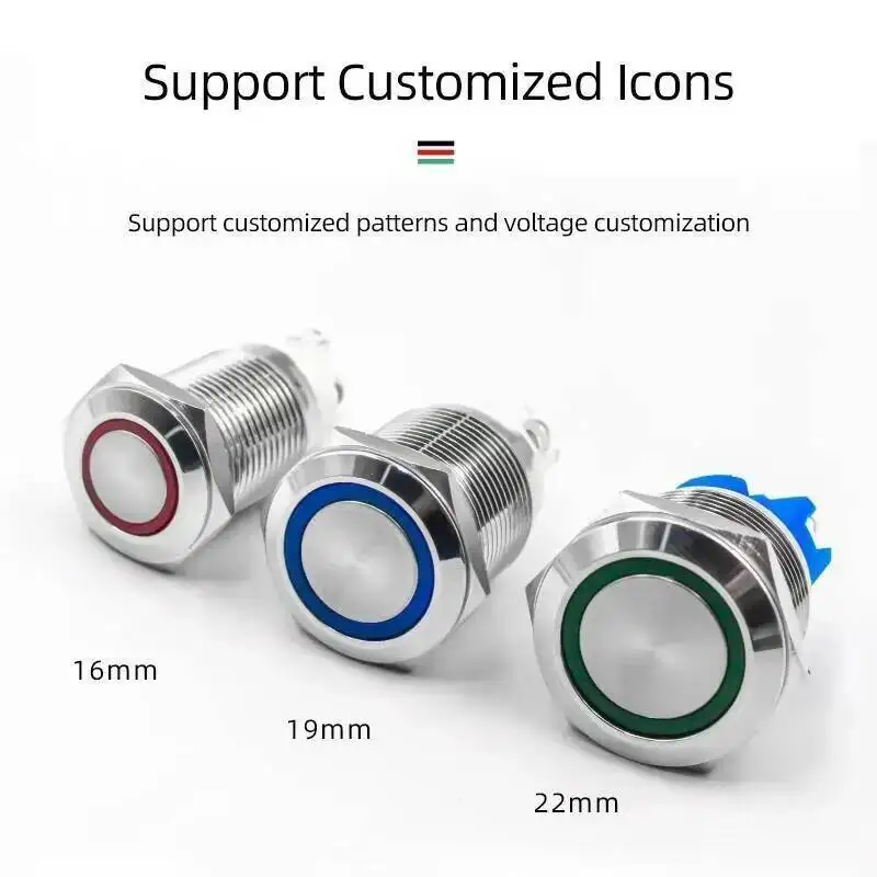 المسمار نوع القدم 16/19/22 مللي متر DIY مفتاح بـزر دفع مقاوم للماء إعادة تعيين الذاتي قفل صغير مستدير مضاءة قذيفة معدنية