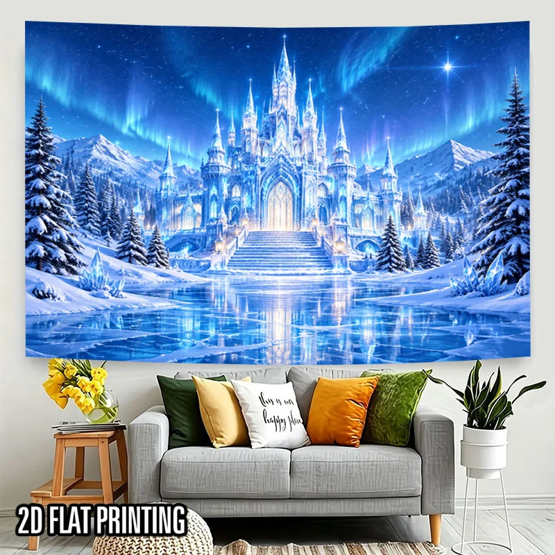Magical Ice Castle Tapestry, Aurora Snowy Mountain Frozen Lake Wall Hanging for Dorm Bedroom Aesthetic Nature Home Decoration