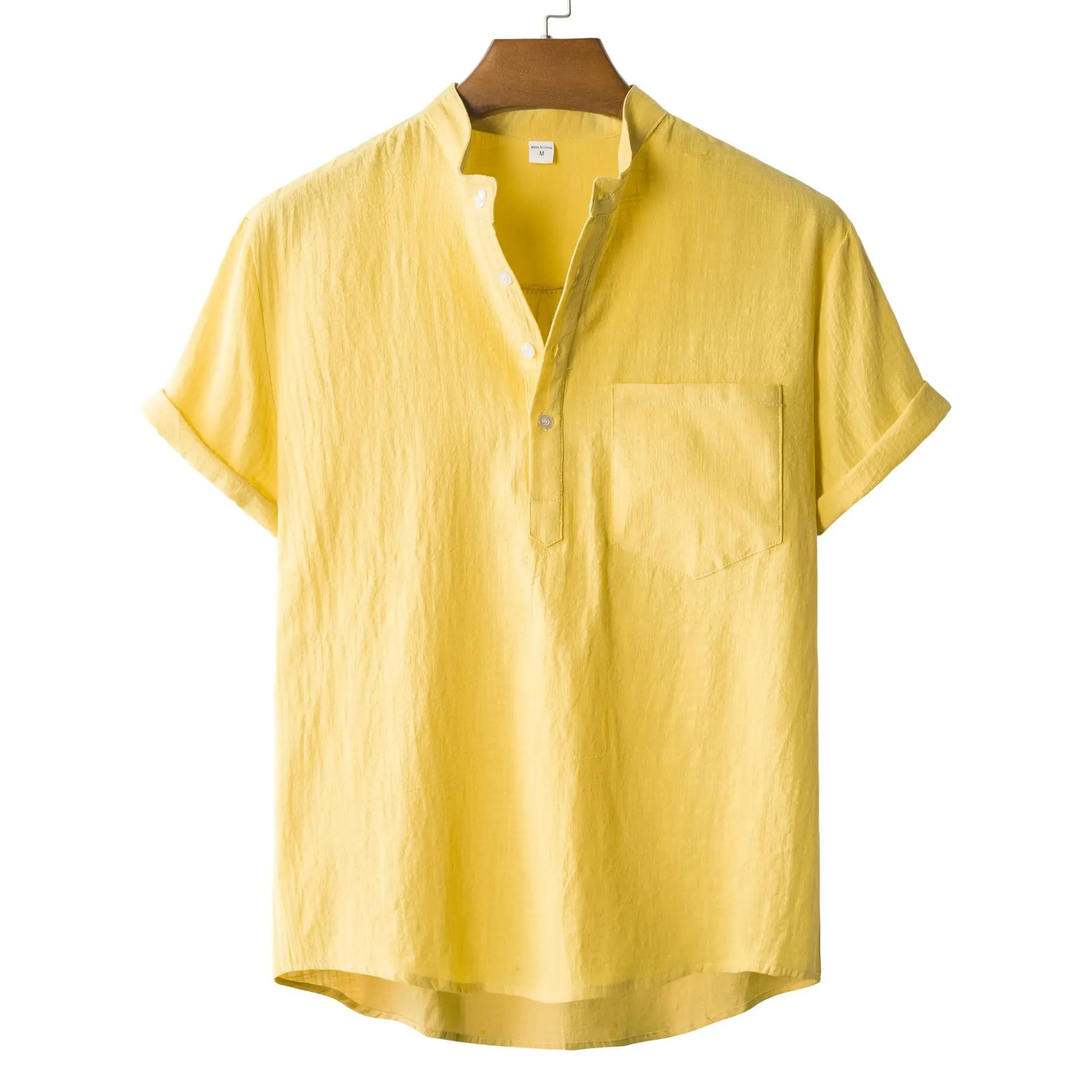 

Men's stand-up neck cotton and linen short-sleeved shirt