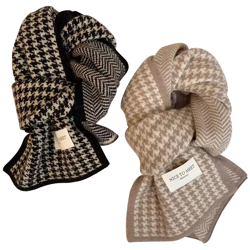 Women Plaid Scarf Winter Warm Thickened Houndstooth Shawl Korean Style Fashionable Unisex Neck Wrap for Cold Weather