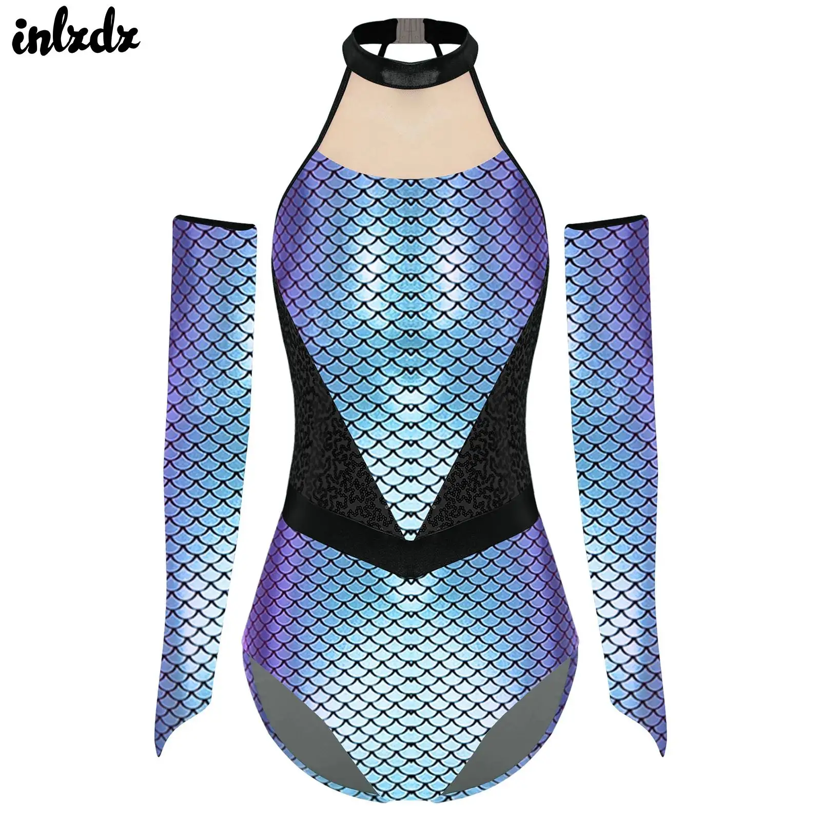 

Womens Sequin Mermaid Bodysuit with Fingerless Gloves Halter High Cut Leotard Jumpsuit Shiny Halloween Carnival Cosplay Costume