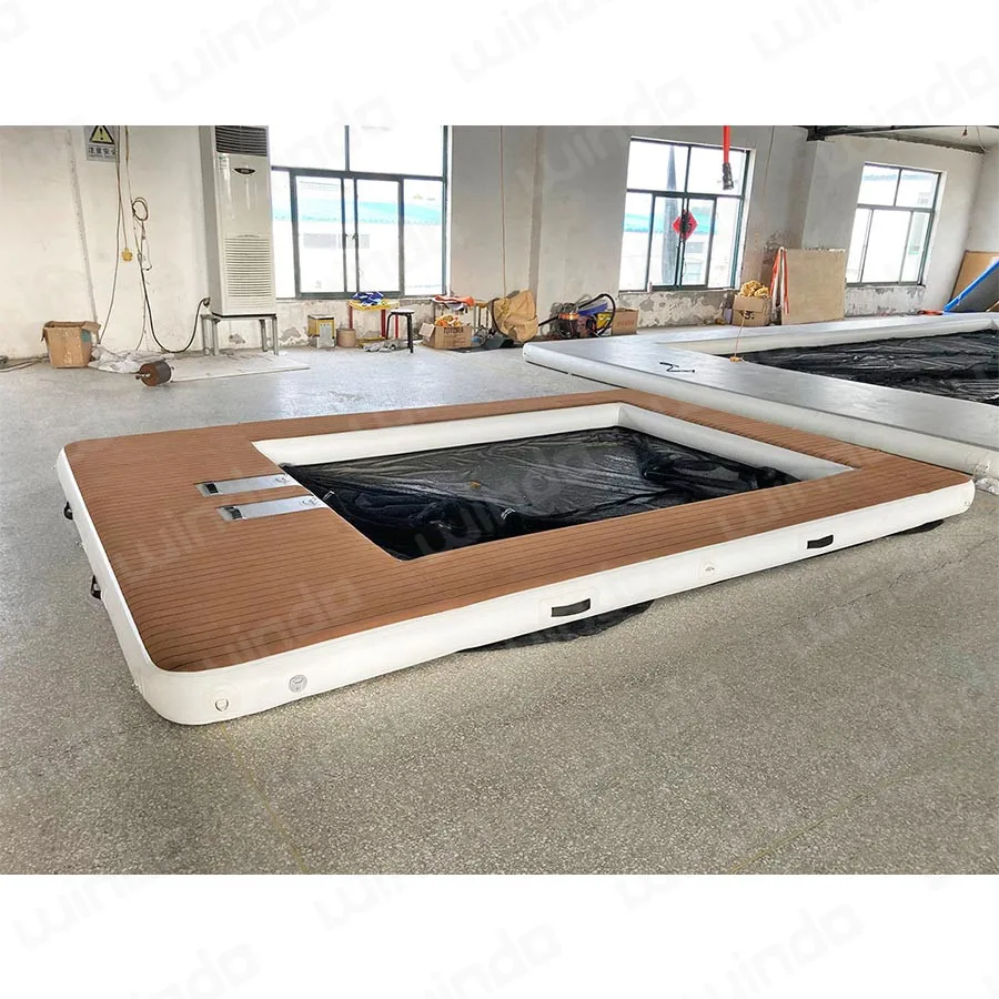 430X300cm Ocean Vacation Multi Person Teak EVA Drop Stitch Inflatable Floating Swimming Pool With Net And Rope Ladder