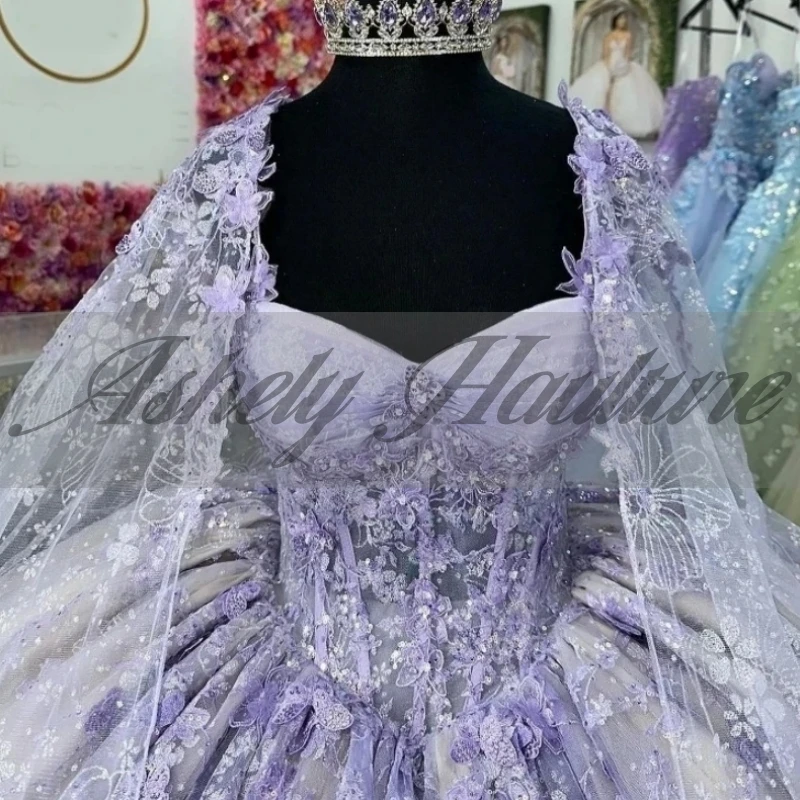 Imagem real lavanda 15 vestido quinceanera com capa borboleta ruched vestido de baile baile festa de aniversário pageant personalizado