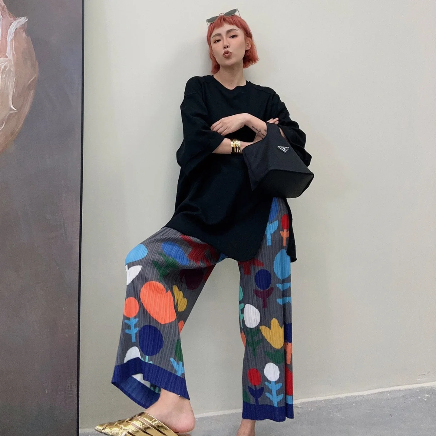 

Miyake Pleated 2025 New Autumn Printing Pleated Wide-leg Trousers Suit Women Loose Nine-minute Trousers Fashion Street Style