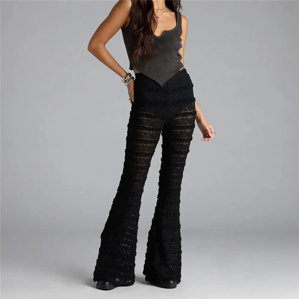 Women's Floral Lace Trousers High Elastic Waist Casual Soild Color See Through Flare Pants Retro Vintage Y2K Aesthetic Clothes