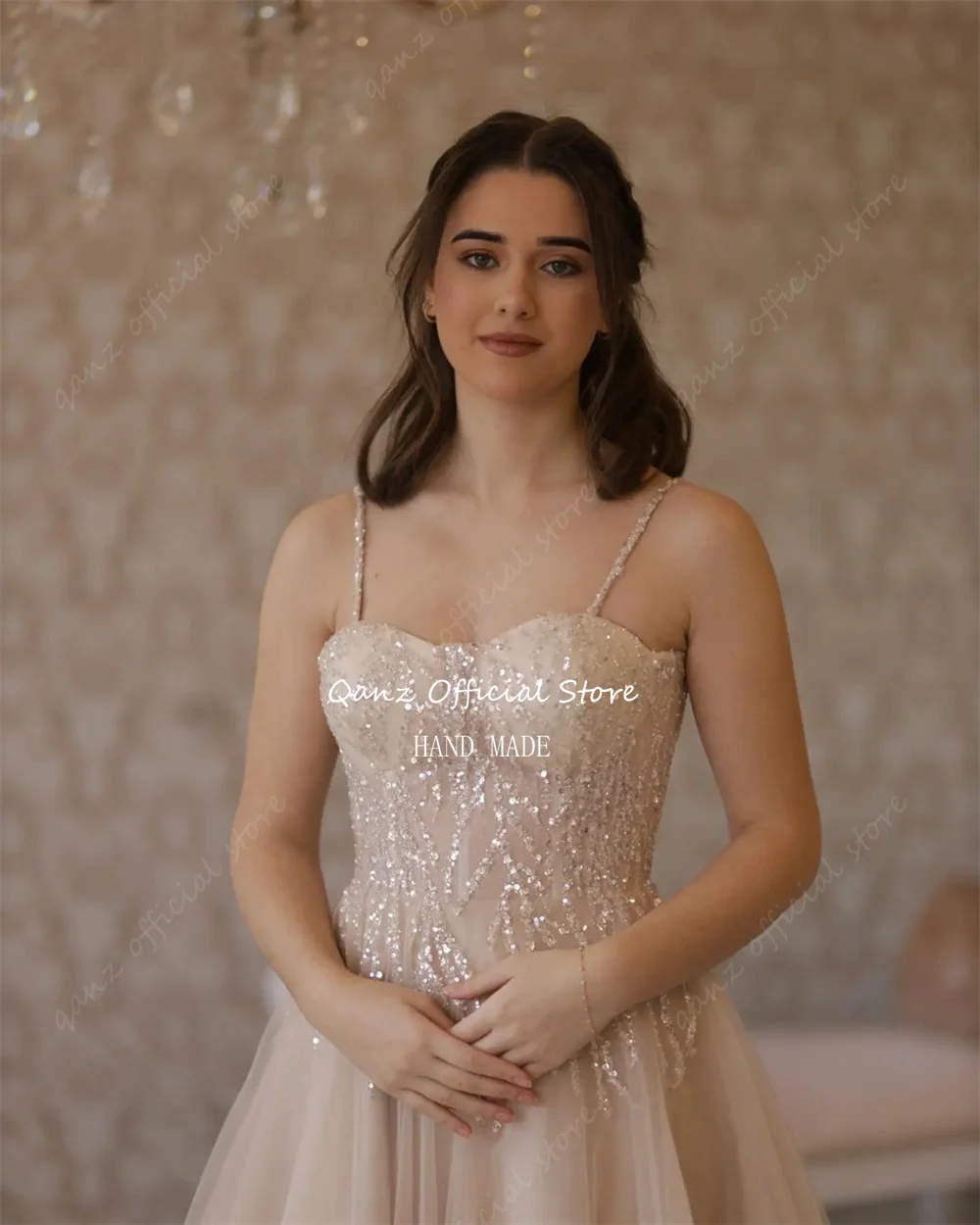 Qanz แชมเปญ Sparkle ชุดแต่งงานสําหรับเจ้าสาว Tulle สปาเก็ตตี้สายรัด Glitter Novias Vestido De Novia Boda Civil ที่กําหนดเอง