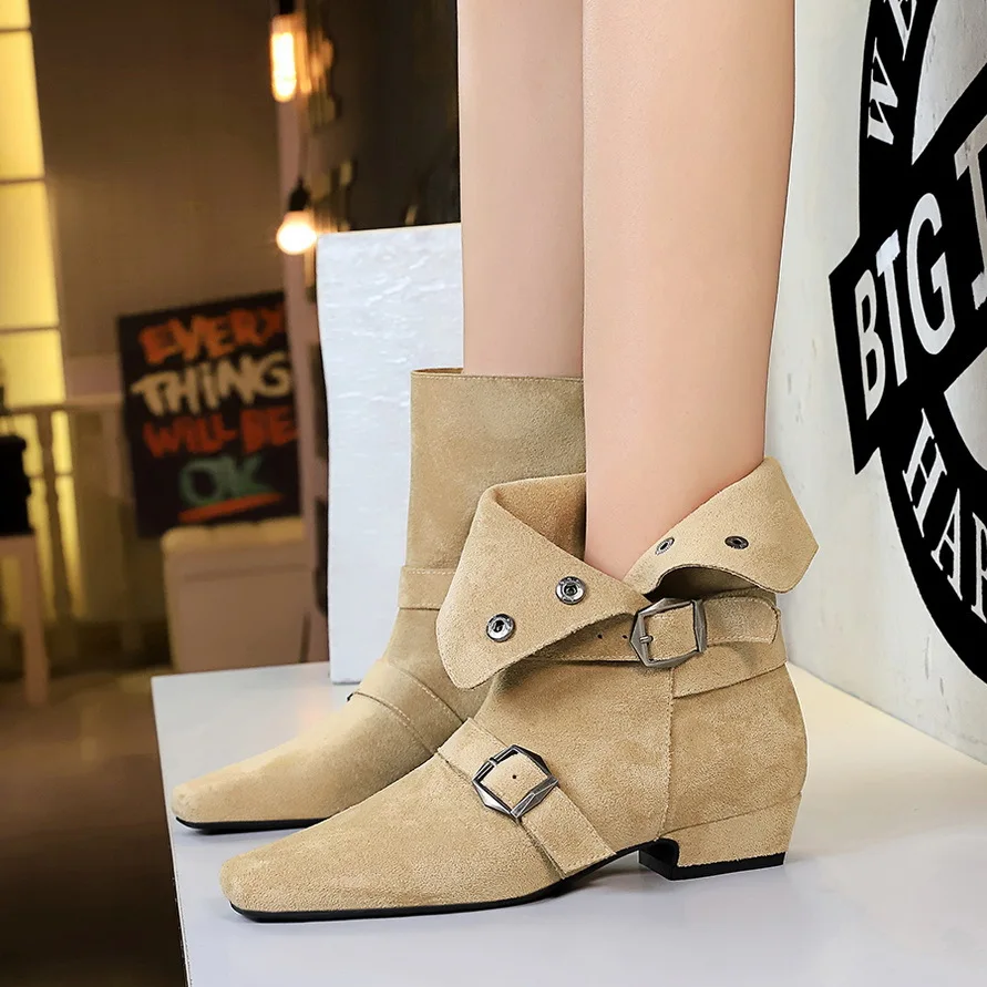 

Western Boots Woman Shoes Buckle Square Toe Modern Boot Luxury Slip on Chunky Heels Mid Calf Boot Fashion Vintage High Quality