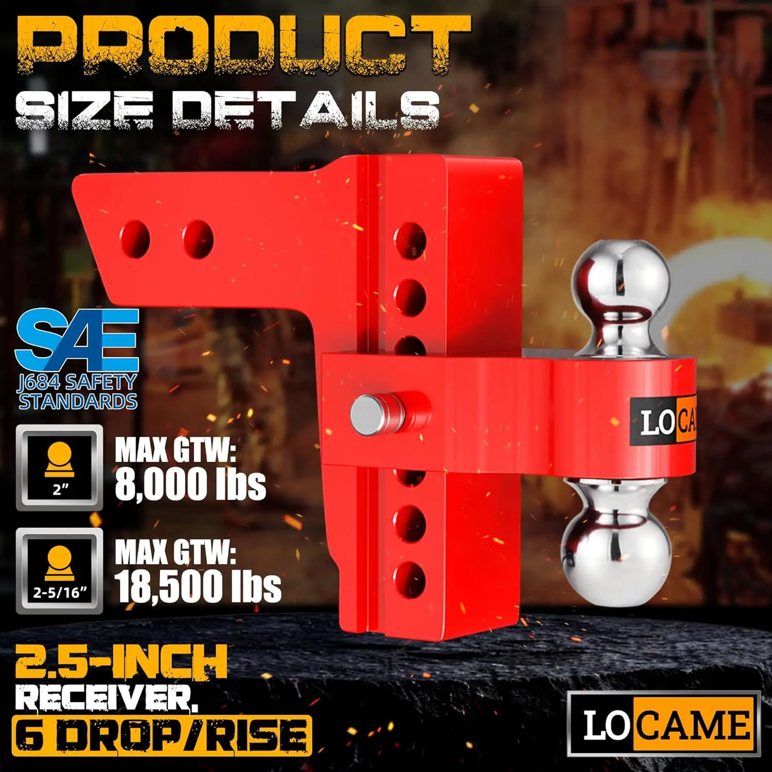 Adjustable Trailer Hitch, 2.5-Inch Receiver, 6-Inch Drop/Rise, 18,500 LBS GTW, Aluminum, Stainless Steel Locks, Red