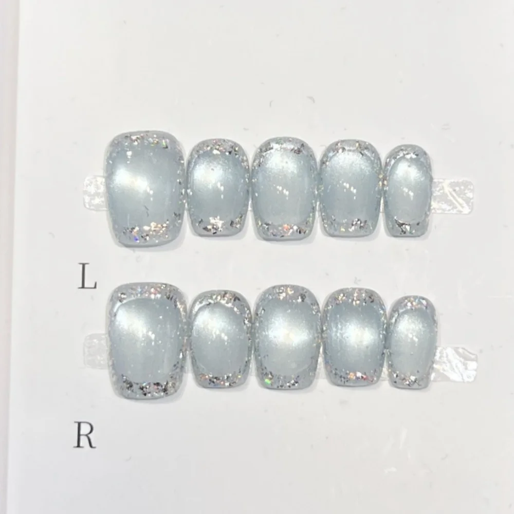 10 قطعة يمكن ارتداؤها اليدوية الصحافة على الأظافر عين القط قصيرة الباليه الأظافر وهمية نصائح مع النقاط الفرنسية القوس تصميم أظافر صناعية مجموعات