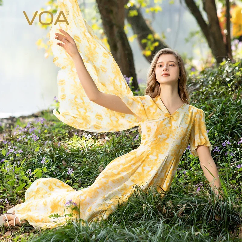 

VOA Bohemian Gauze Asymmetric Flying Sleeve Print Silk Woman Dress V-Neck Party Maxi Dresses Elegant Vestidos Summer Chic AE1100