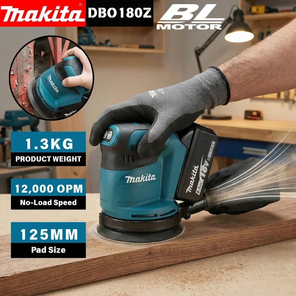 Makita DBO180Z 18V Cordless Brushless Orbital Sander 7000/9500/11000 RPM 175mm Dust Bag For DIY Home Furniture Renovation
