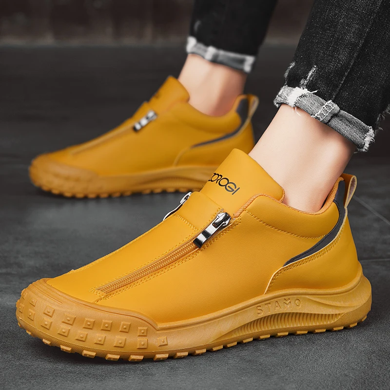 HKDQ Autumn Yellow Leather Sneakers Men Fashion Zip Platform Men's Casual Shoes Original Outdoor Non-slip Sports Shoes For Men