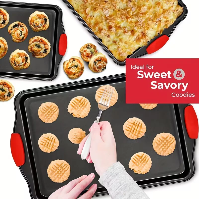 New Non Stick Pan baking Tray with Red Silicone Handle, Kitchen baking Board, Cake Mold, Oven biscuit baking, Easy to Clean view 4