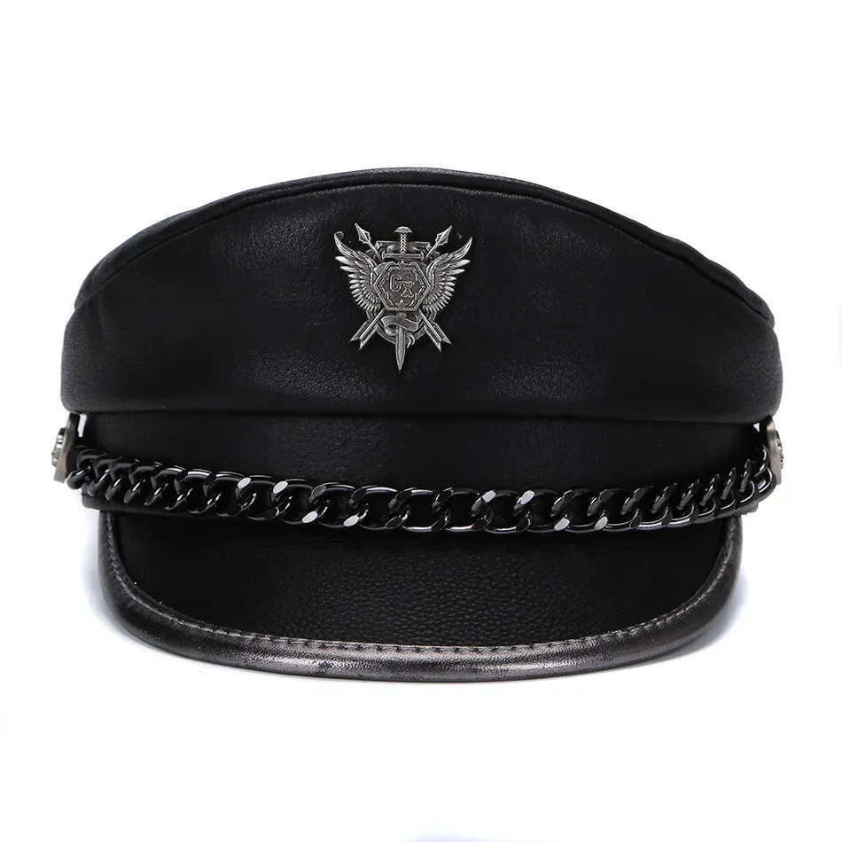 2024 Spring Men‘s Genuine Leather Army Hat Male Flat Top Badge Locomotive Retro Military Caps Students Punk Cortical Chain Gorra