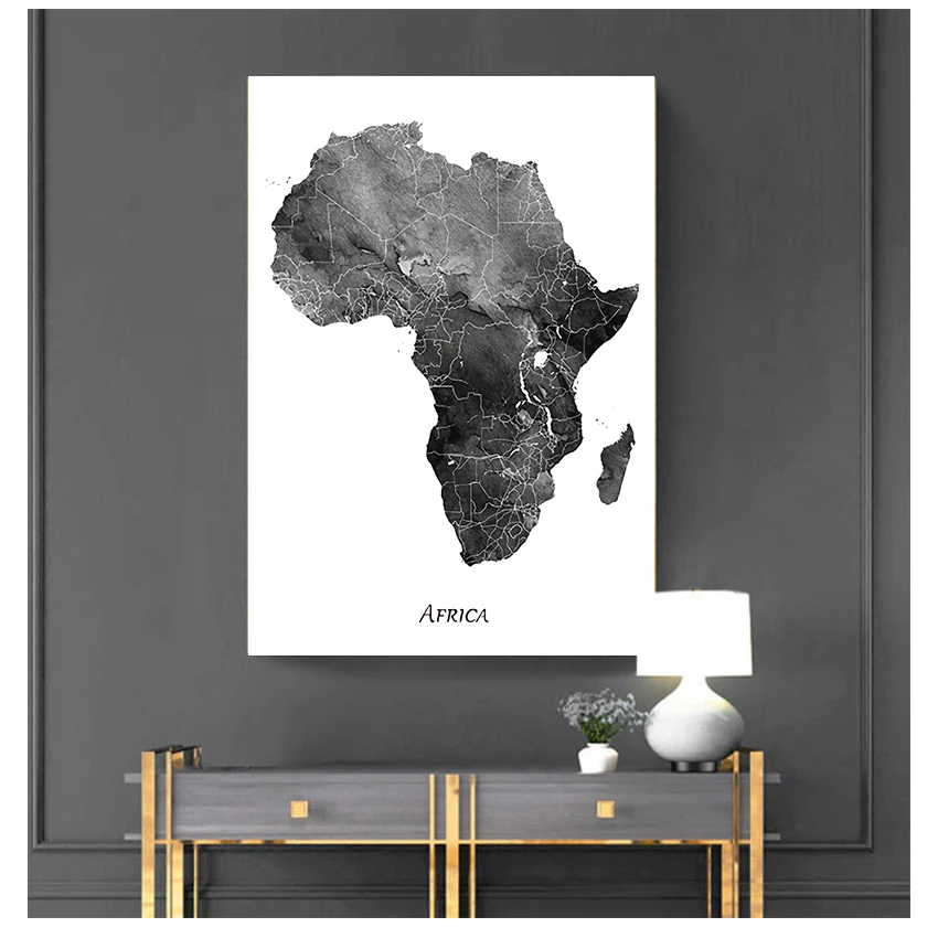 map travel wall art canvas painting gray black white living room home decoration painting Africa map posters and prints