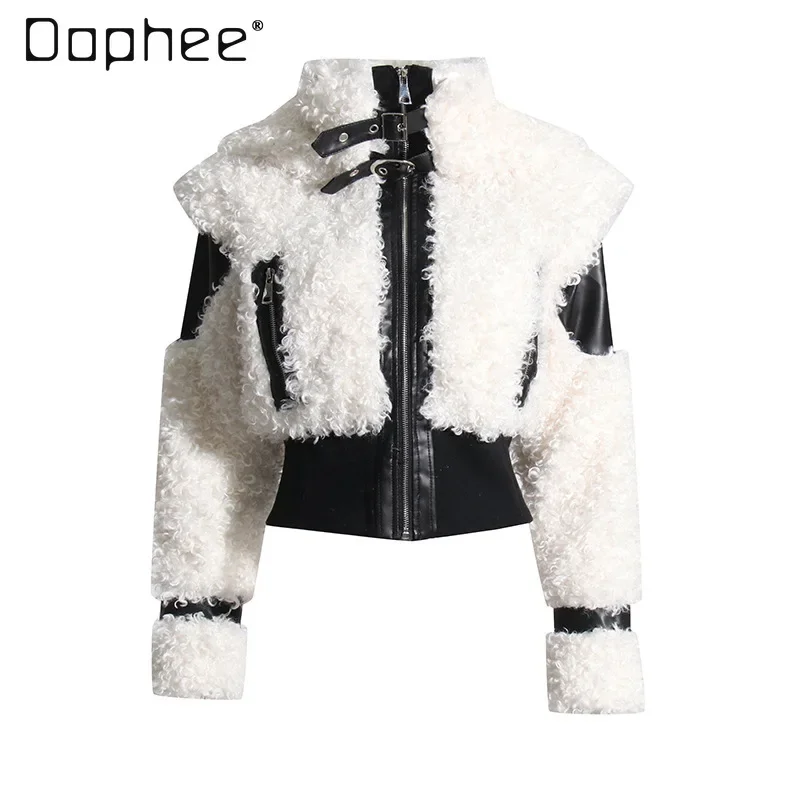 

Motorcycle Jacket Lamb Wool Leather Splicing Turn Down Collar High Waist Zipper Slim Short Coat Women Thick Winter Street