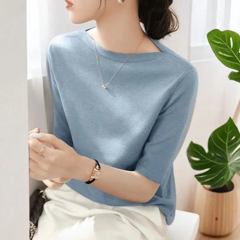 

Summer ort Sve One oulder Loose Knitted Top Sli Thin Cotton Simple Base Layer Faionable New Sle Versatile irt