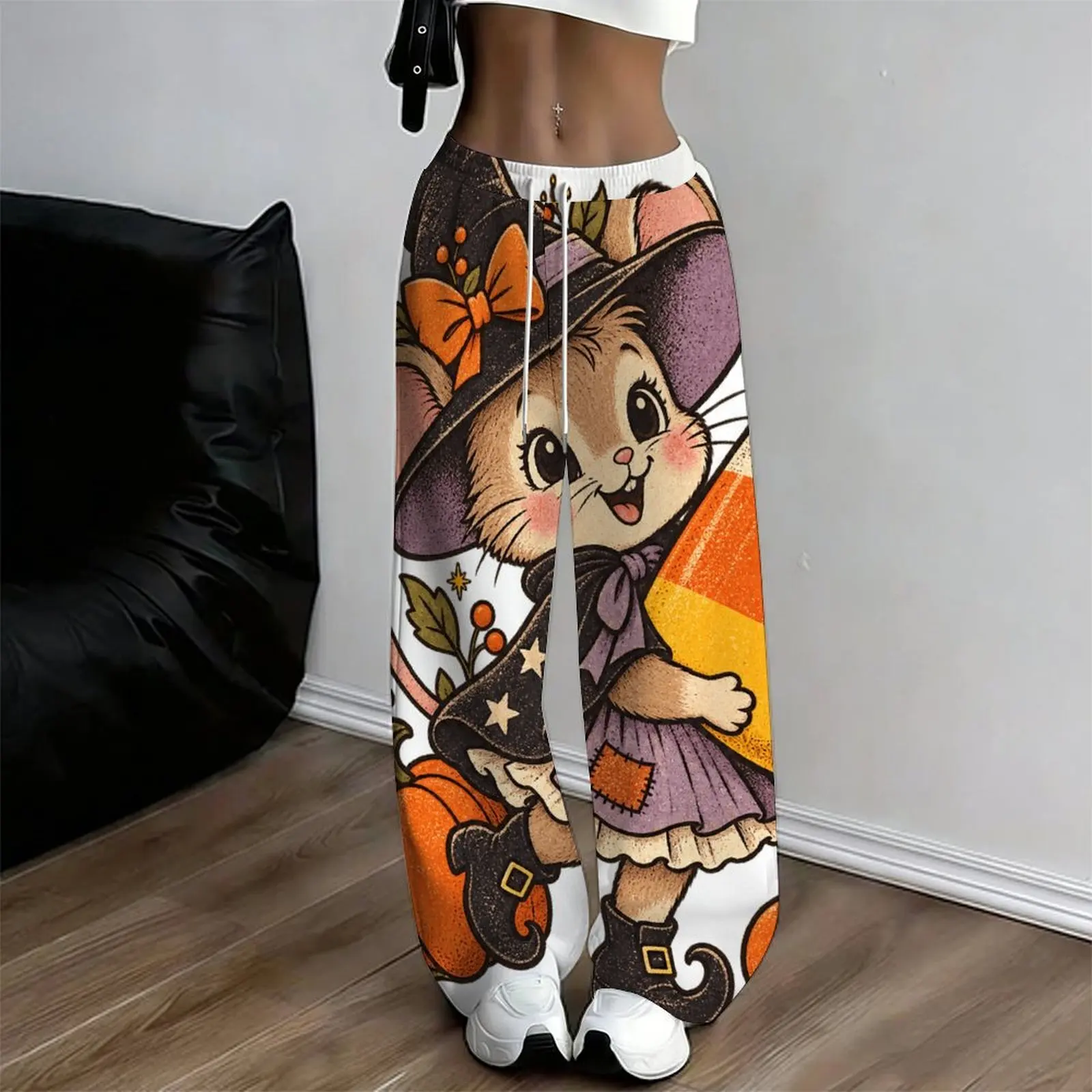 Women Loose Full Length Straight Leg Printed Pants, Cartoon Halloween Witch Squirrel Pattern