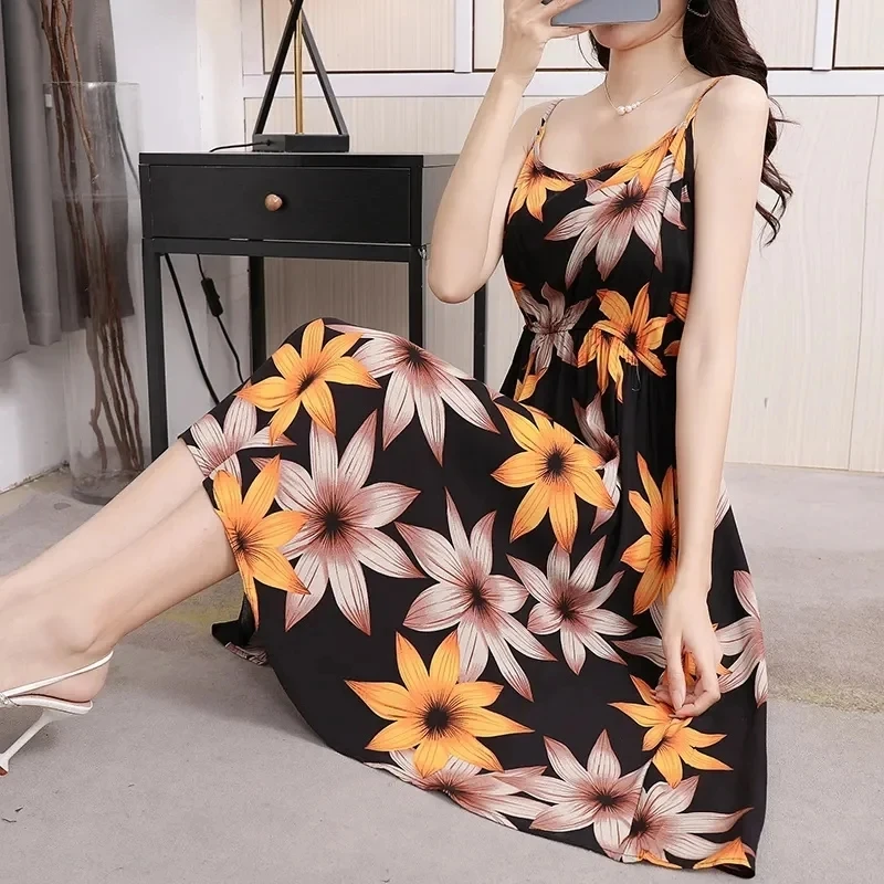 2024 Summer Dresses Fashion Female Elastic High Waist Casual Spaghetti Strap Sleeveless Dress Women Chiffon Dresses Vestidos