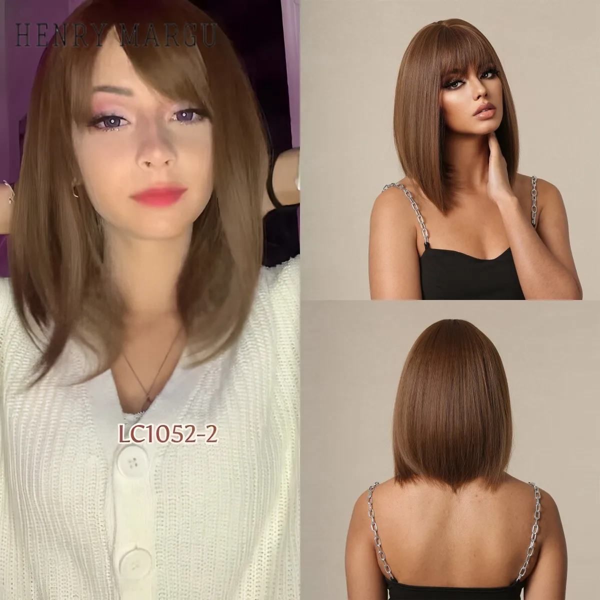 HENRY MARGU Short Straight Bob Synthetic Wigs Brown with Bangs for Women Daily Lolita Natural Wigs Heat Resistant Fiber