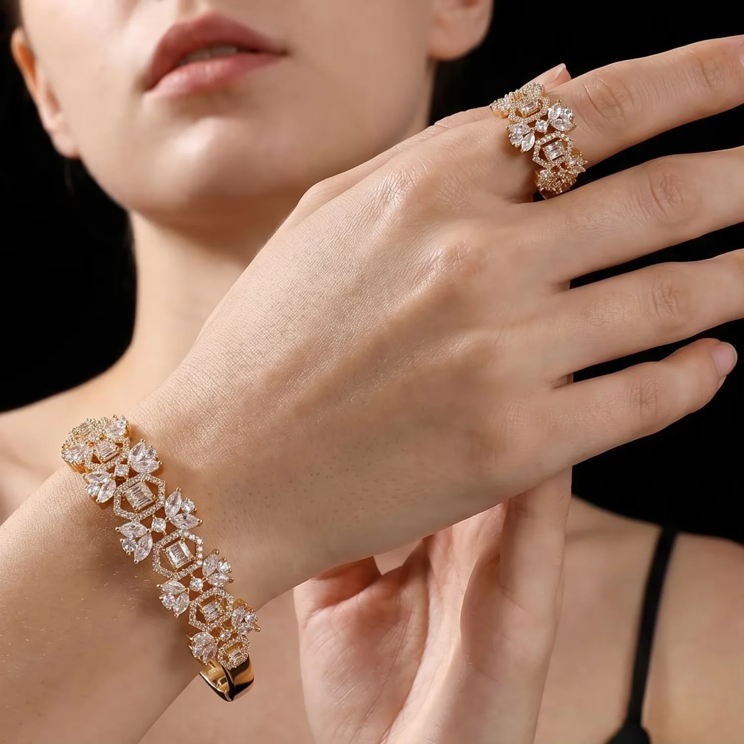 Women's Flower Cluster Cuff Bangle & Matching Ring Set, Adjustable Floral Jewelry