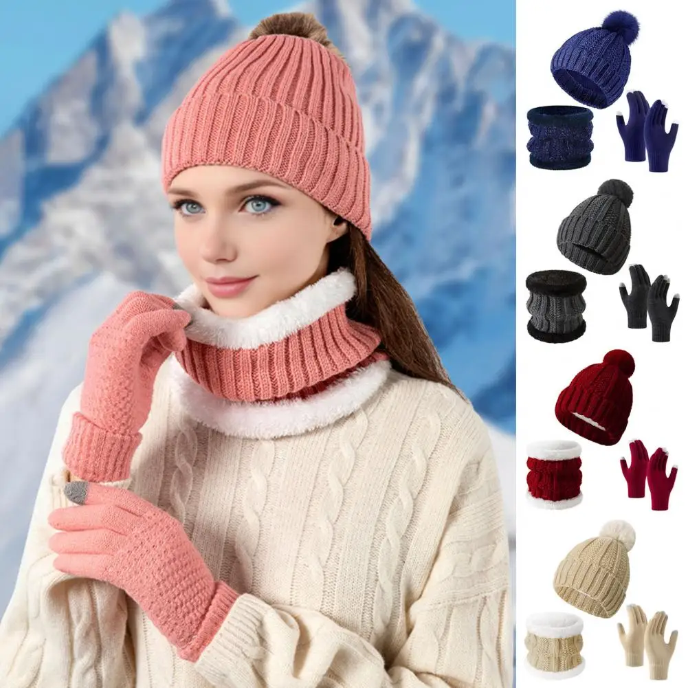 Hat Scarf Gloves Set Winter Knitted Scarf Gloves Set with Pom Pom Fleece Lined Brimless Hat Touchscreen Gloves Neck for Weather