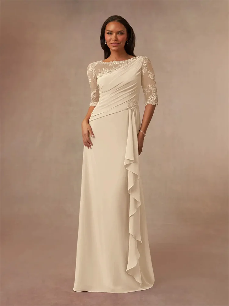 

Hot Selling Boat Neckline Half Sleeves Chiffon A-Line Mother of The Bride Dress Sexy Back Zipper Floor Length With Ruched Gown