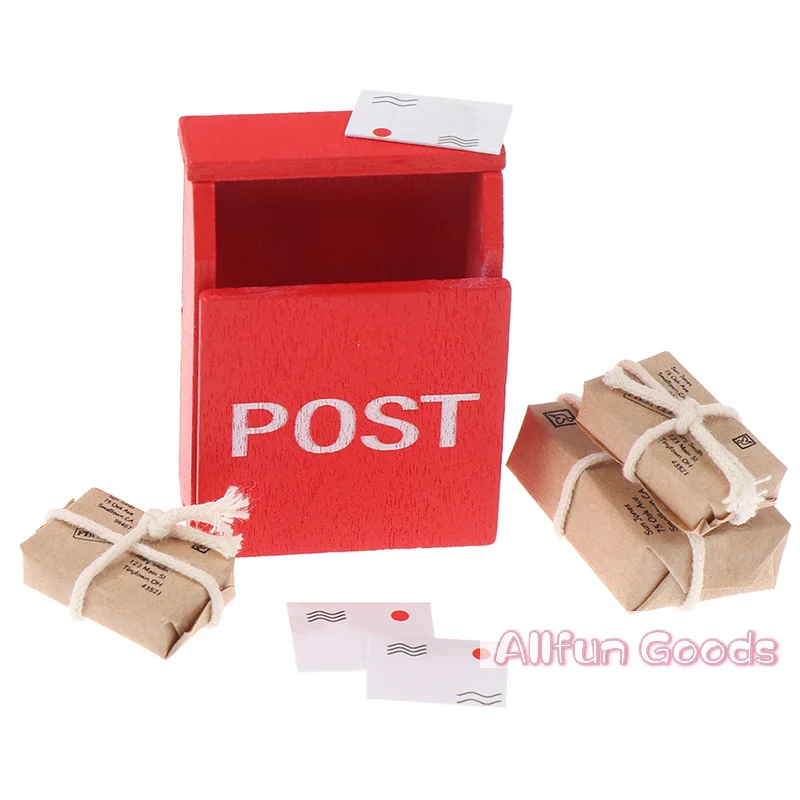 [TG835]1Set 1:12 Dollhouse Miniature Letter Box Red Mailbox With Mail Sack Postcard Fairy Garden Door Furniture House Decor Toy
