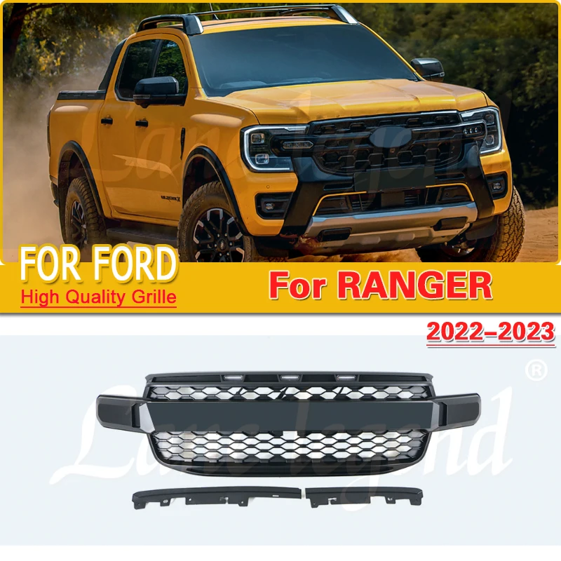 For Ford Ranger Raptor style Grills 2022-2023 Grille With Little yellow light Matte Black accessories Car Styling grille