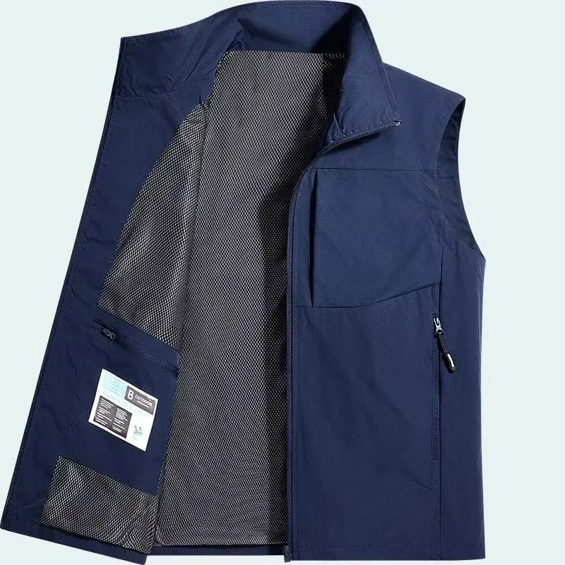 เสื้อกั๊กลำลองสำหรับผู้ชาย ฤดูใบไม้ร่วงและฤดูหนาว เสื้อกั๊กกลางแจ้งสำหรับวัยกลางคนและผู้สูงอายุ มีกระเป๋า เสื้อแจ็คเก็ตแขนกุด คอตั้ง