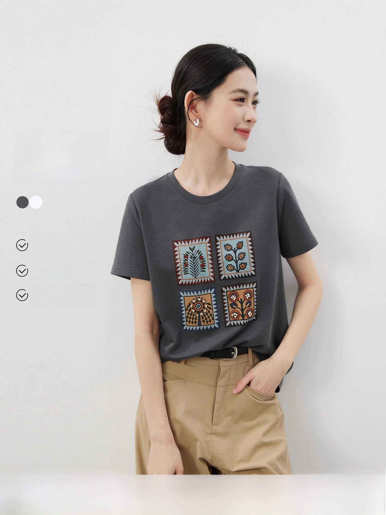 

Basic round Neck T-Shirt Women's Floral Embroidery Print Cotton Casual Summer Top MIJOR Brand Straight Cut Daily Wear