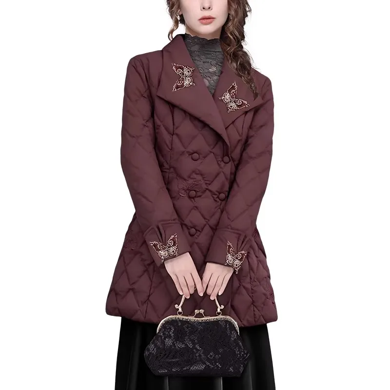 Jaqueta de comprimento médio feminina 2023 inverno novo quente levemente branco pato para baixo estofamento casaco puffer elegante camisa gola casaco de emagrecimento