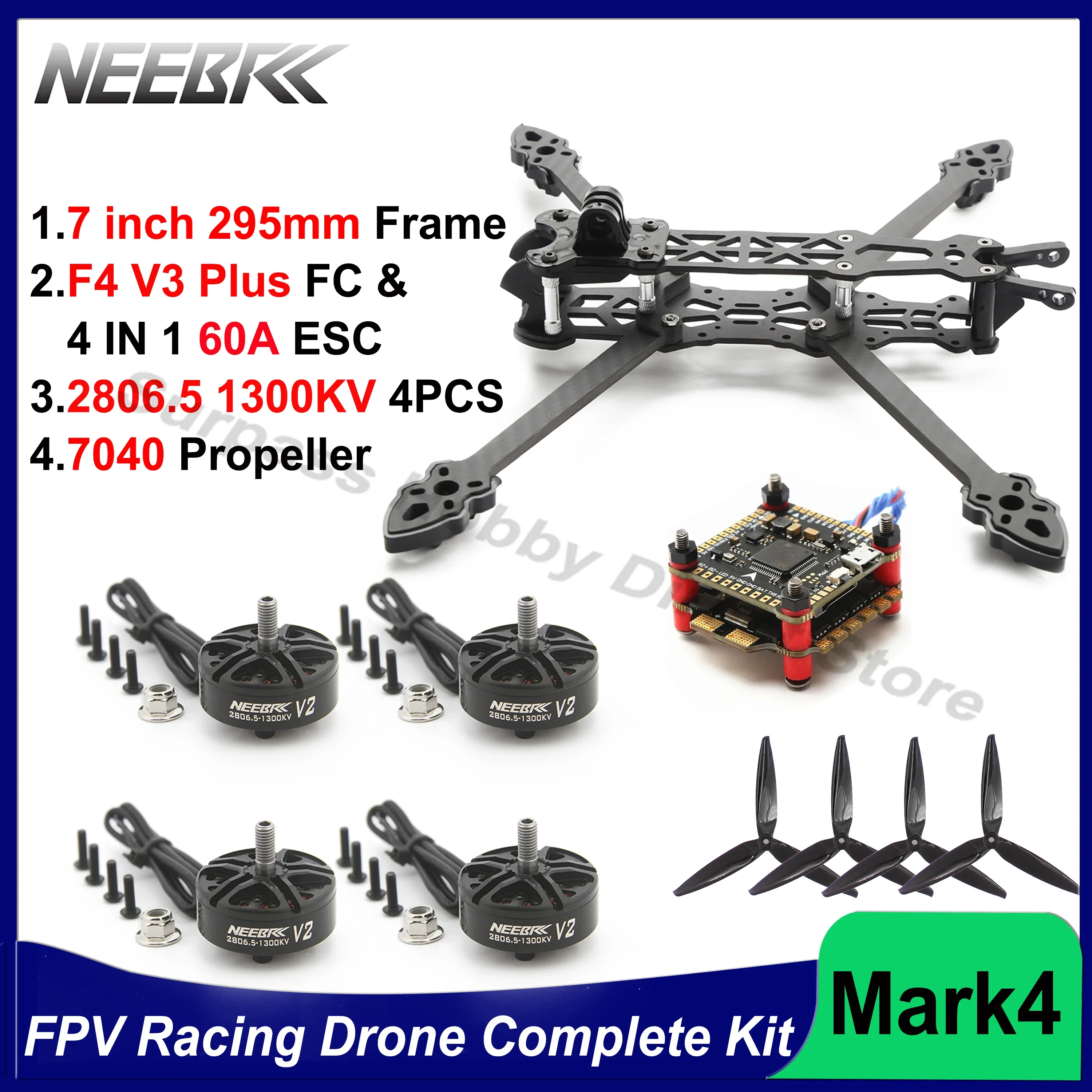 Mark4 7inch Frame 2806.5 1300KV Brushless Motor 7040 Propeller 60A ESC F4V3 Flight Controller Complete Kit for FPV Racing Drone