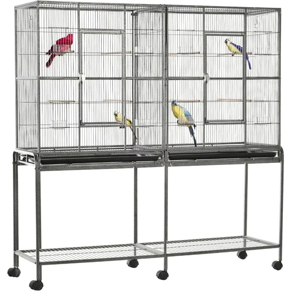 Double Rolling Metal Bird Cage Feeder with Detachable Rolling Stand, Storage Shelf, Wood Perch & Food Container