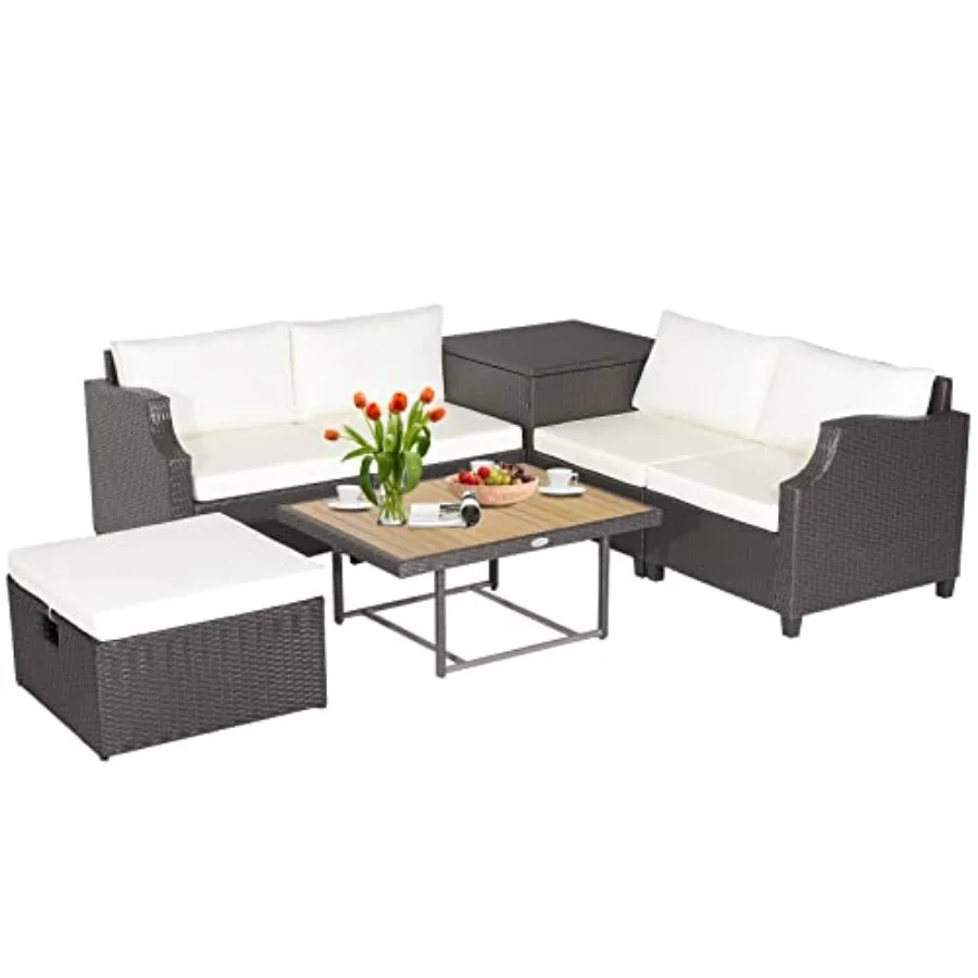 

7 Pieces Outdoor Hand-Woven PE Wier Furnie Set, Patio Sectional Sofa Set wi Chions, Storage Box, Ottoman and Solid ia Wood Coff
