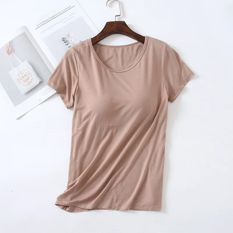 تي شيرت نسائي مشروط مدمج في حمالة صدر مبطنة تي شيرت نسائي كاجوال بأكمام قصيرة يسمح بالتهوية