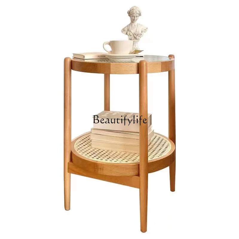 

Japanese-style solid wood rattan round glass coffee table small apartment sofa side cabinet modern bedside round table