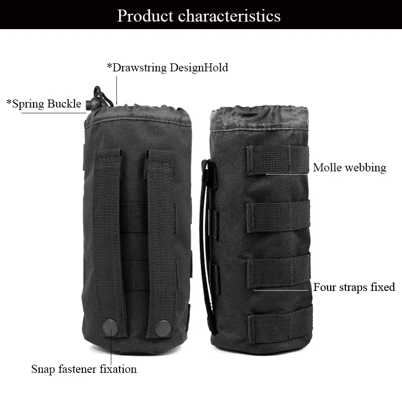 Tactical Water Bottle Bag Multi-Function Outdoor Adjustab Drawstrin Molly System Attached To Other Gear Nylon Hole Design Black