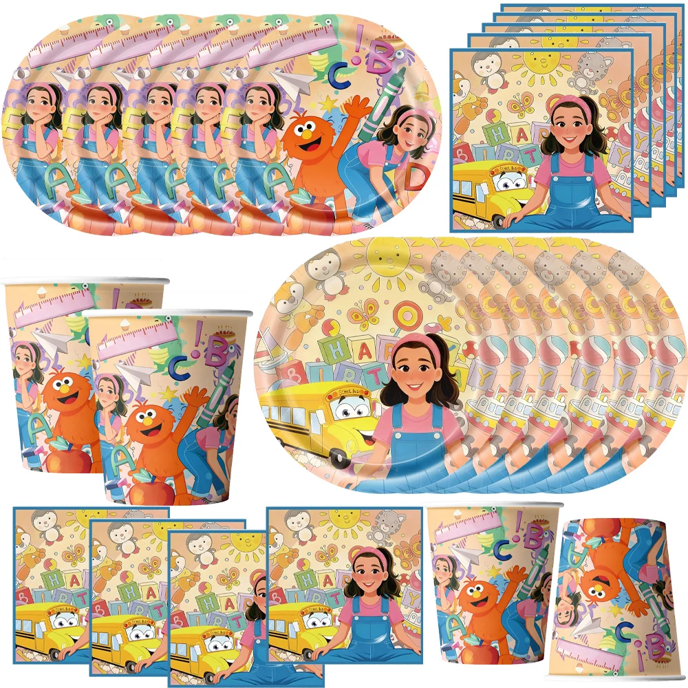 Ensemble de vaisselle jetable sur le thème de la professeur Rachel, gobelets et assiettes, fournitures de décoration de fête en papier, fournitures de baptême pour bébé