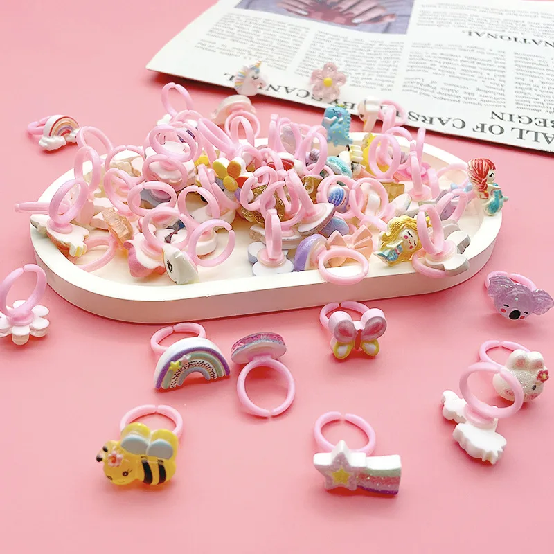 50PCS/SET Random Mixed Styles Unicorn Rainbow Butterfly Mermaid Kids Girls Play Rings Jewelry Gifts