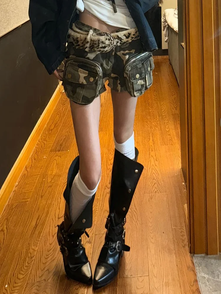 อเมริกัน High Street Design Heavy Du ket Workwear กางเกงผู้หญิงฤดูร้อนใหม่ Y2K เผ็ด Millennium Camouflage กางเกง