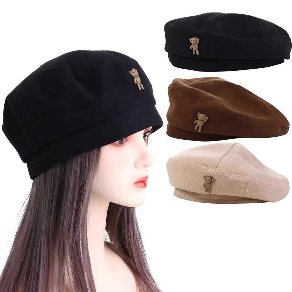 

Fashion Autumn Artist Hat For Female Solid Color Keep Warm For Girls Painter Hat Bear Beret Octagonal Cap Women Caps