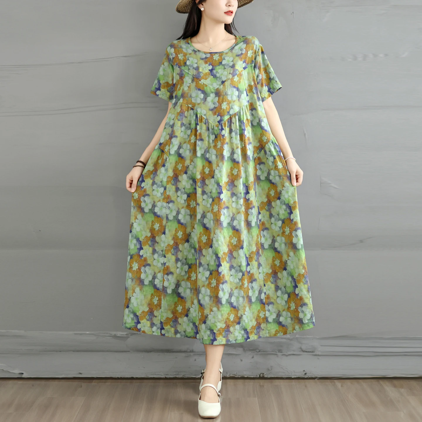 

Summer New Vintage Bamboo Fiber Loose A-Line Dress Women's round Neck Pocket Short Sleeve Long Dress Artistic Style High Waist